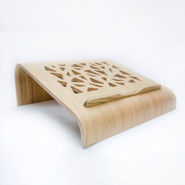 oak wooden laptop riser on white background